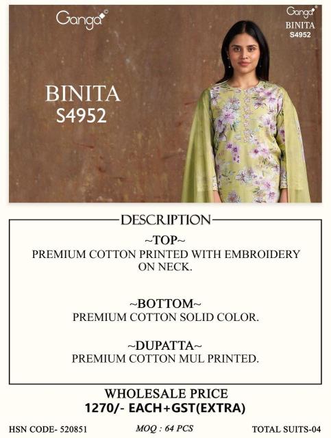 Ganga binita 4952 wholesale dealers in cotton dress materials in kerala